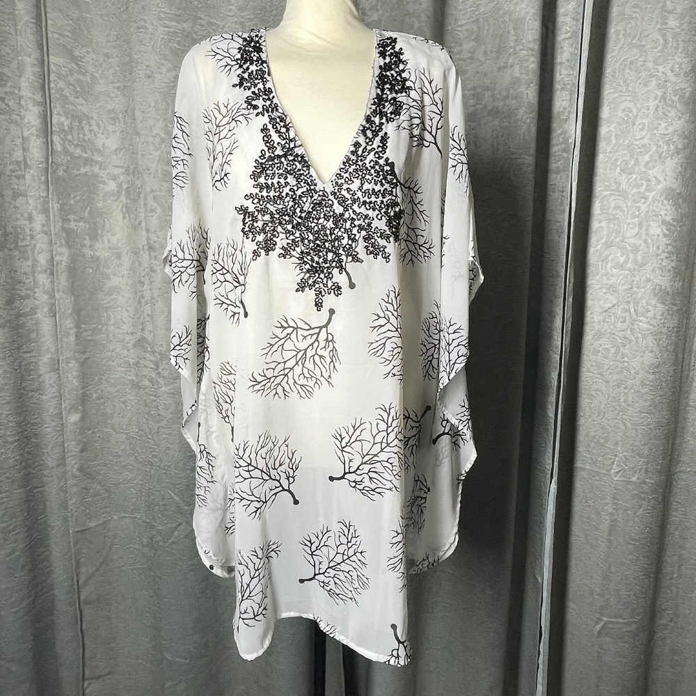 NWT Women’s 1X Black/White Spiaggia Dolce Swimwear Embroidered Tunic Top